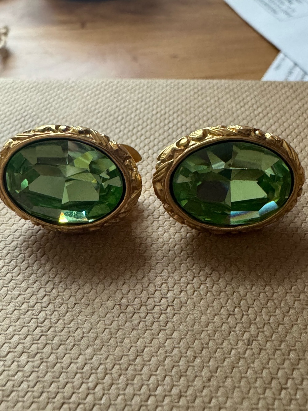 Yves Saint Laurent Gold-Tone Earrings with Green Faceted Ovals